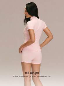GLOWMODE FeatherFit™ Cool Contour Buttery-Soft Sweat-Wicking Stretchy Slim-Fit Short-Sleeve Zippered Side Pockets Zip-Up Jacket Low Impact Yoga Pilates Studio Daily Active Wear - Baby Pink - View 2