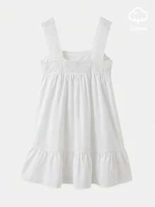 lacRébo Weißes Baumwoll-Smockkleid mit bestickter Brust und Träger-Detail, Boho Frühlings-/Sommerkleid im französischen Stil, lässiges Urlaubskleid, Weißes Baumwollkleid - Beige - Übersicht 8