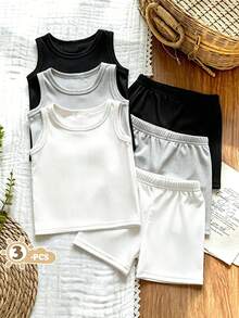 SHEIN Vintaside Kids 男嬰6件組套裝，6件裝，適合嬰兒夏季穿著，黑色、白色、條紋三種不同顏色背心與短褲套裝，舒適休閒適合日常玩耍，百搭可愛，適用於各種場合 - 彩色 - 查看 3