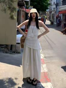 K-Vae French Slouchy Camisole Top & Striped Elastic Waist Tulip Hem Skirt 2pcs Set For Women Summer - White - View 1