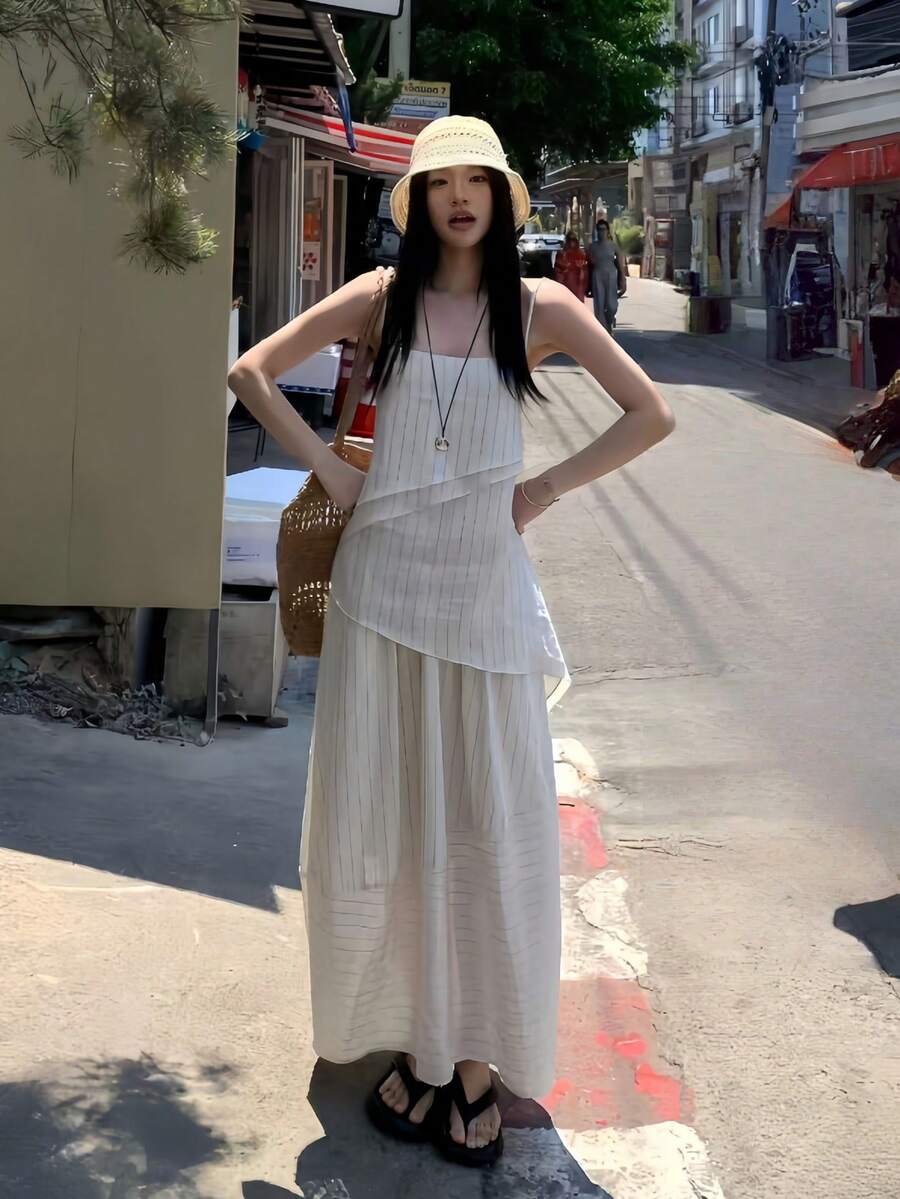 K-Vae French Slouchy Camisole Top & Striped Elastic Waist Tulip Hem Skirt 2pcs Set For Women Summer - White - View 1