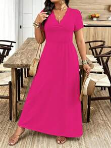 Breezaya Vestido largo de moda para ir al trabajo con cuello ondulado para mujer de talla grande - Rosa Fucsia - Ver 5