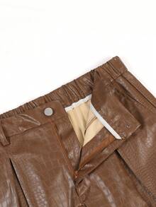 PAVTROS Men's Brown Crocodile PU Leather Shorts, Pleated Design, Fashion VersatileBermuda Shorts - Brown - View 6