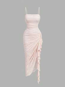 SHEIN MOD Women's Pleated Side Patchwork Ruffle Elegant Spaghetti Strap Midi Dress - Pink - View 6