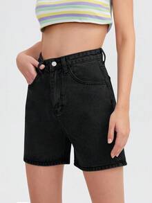 SHEIN EZwear 女款高腰口袋休閒百搭牛仔短褲 - 黑色 - 查看 5