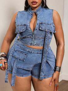 Slaydiva Summer New Arrival Zipper Closure Slim Fit Denim Jacket - Blue - View 7