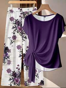 SHEIN CURVE+ 大尺碼圓領短袖優雅端莊修身休閒兩件套家居服 花卉白色淺紫色 夏季正式度假沙灘 - 彩色 - 查看 6