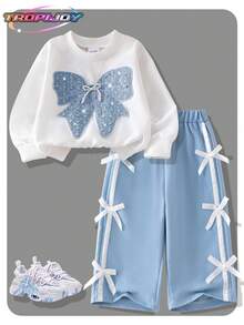 SHEIN Conjunto de 2 piezas de camiseta de cuello redondo con decoración de lentejuelas de mariposa azul y pantalones de punto con lazo en la cintura para niñas bebés, conjunto de ropa deportiva de moda para otoño/invierno - Blanco - Ver 9