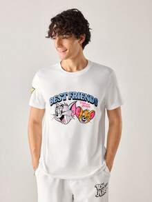 Strevion TOM & JERRY Kaos Pria Minimalis "Sahabat Terbaik" Berkerah Bulat Lengan Pendek, Musim Panas - Putih - View 3