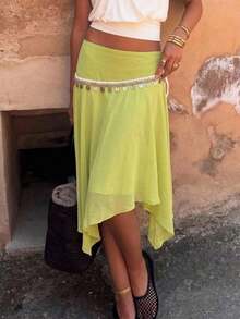 Aloruh Women's Light Green Chiffon Midi Skirt,Patchwork Sequin Shell Webbing Asymmetrical Hem,Boho Summer Beach Vacation Holiday Tropical Outfits - Green - View 1