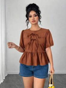 Elenzga Plus Size Women's Summer Solid Color Round Neck Puff Short Sleeve, Front Bow Tie, Cropped Ruffle Hem Blouse - Brown - View 8