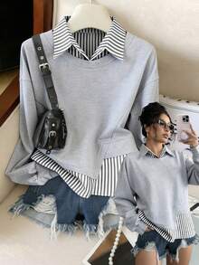 GlowEve 2025 Early Autumn New Fashionable Casual Versatile Design 2 In 1 Linen Striped Patchwork Lapel Collar Autumn Daily Wear Holiday Style Women's Sweatshirt - Grey - View 1