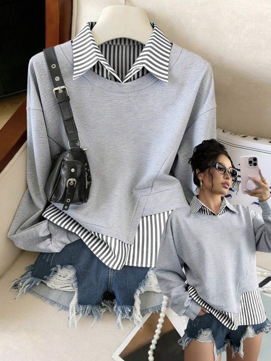 GlowEve 2025 Early Autumn New Fashionable Casual Versatile Design 2 In 1 Linen Striped Patchwork Lapel Collar Autumn Daily Wear Holiday Style Women's Sweatshirt - Grey - View 1
