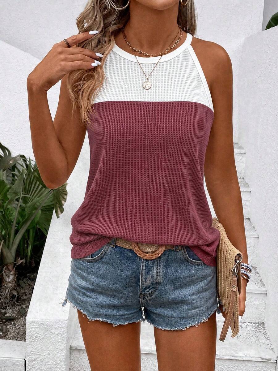 EMERY ROSE New Women's Fashion Casual Colorblock Halter Neck Tank Top - Multicolor - View 1