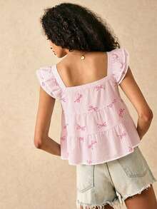SHEIN Frenchy Women's Square Neck Cap Sleeve Ruffle Trim Summer Striped Butterfly Print Blouse - Multicolor - View 2