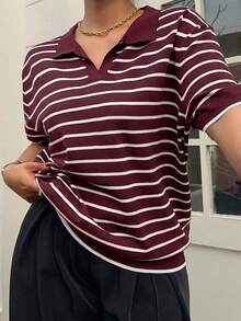 Dazy Plus Top de punto de manga corta con cuello polo, diseño de bloques de color y patchwork, divertido y casual, talla grande para mujer, primavera/verano - Rojo violeta - Ver 5