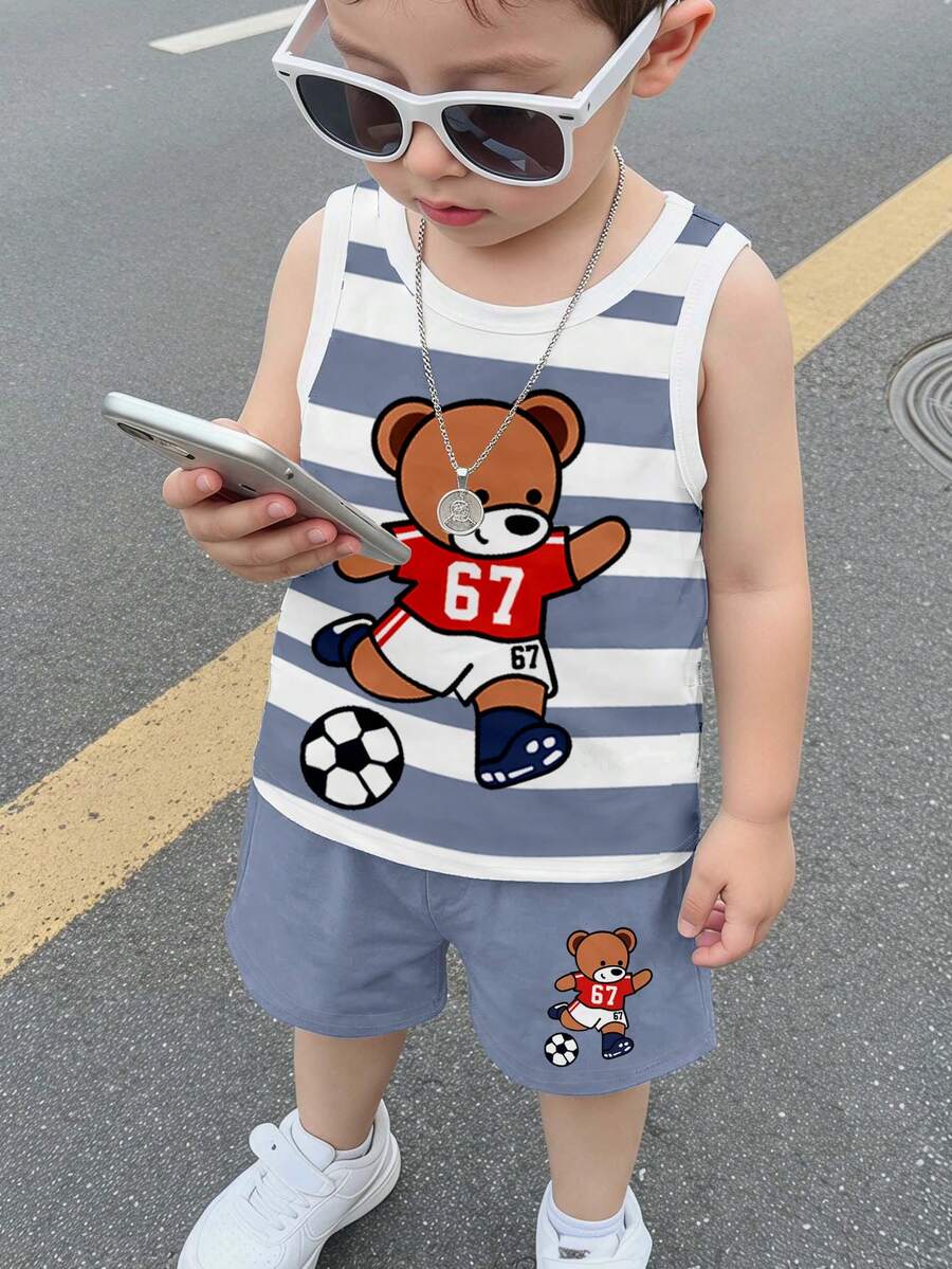 男嬰休閒簡約柔軟舒適套裝,適合春夏,經典酷感卡通67足球熊運動員,復古條紋圖案印花 - 彩色 - 查看 1