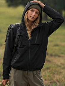 WanderVale Women's Solid Color Casual Hooded Outdoor Windbreaker Jacket Sports - Black - View 2