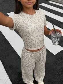 兒童青少年女孩休閒日常時尚豹紋圓領修身T恤與長褲套裝 - 灰色 - 查看 7