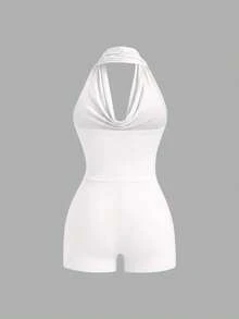 Sweetra 春夏三穿法不對稱肩掛脖式修身連身短褲，休閒百搭居家服 - 白色 - 查看 3