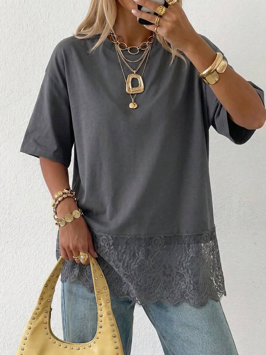 SHEIN EZwear 女士时尚百搭蕾丝拼接下摆圆领短袖T恤 - 淺灰色 - 查看 1