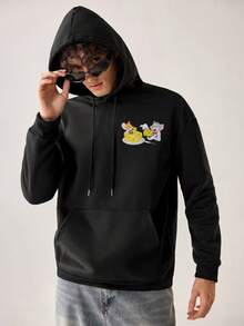 Strevion TOM & JERRY 男士休闲百搭简约汤姆和杰瑞元素印花连帽卫衣，秋冬款 - 黑色 - 查看 7