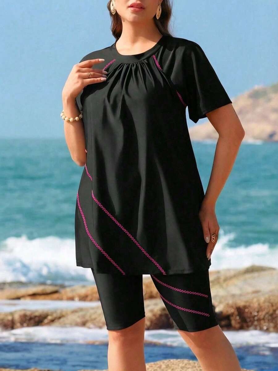 Swim Shayni 大尺碼女款新款純色特殊工藝中東風兩件式泳衣,可拆卸胸墊,防曬長袖,前側裙襬,優雅特殊工藝泳裙,修身顯瘦,特殊工藝幾何線條及膝短褲,休閒時尚度假風海灘泳裝 - 玫紅色 - 查看 1