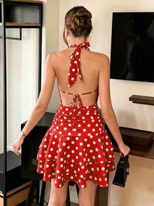 dressdressdressSHEIN PariChic Vestido elegante y romántico de cuello halter, cintura ajustada, vestido corto con volantes plisados en albaricoque y blanco, nuevo vestido de primavera/vedress - Rojo 2 - Ver 2
