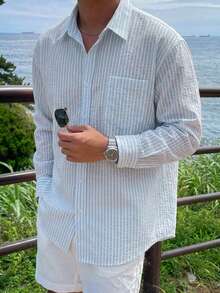 DAZY 春季藍色條紋長袖男士襯衫夏季 - 藍色 - 查看 5