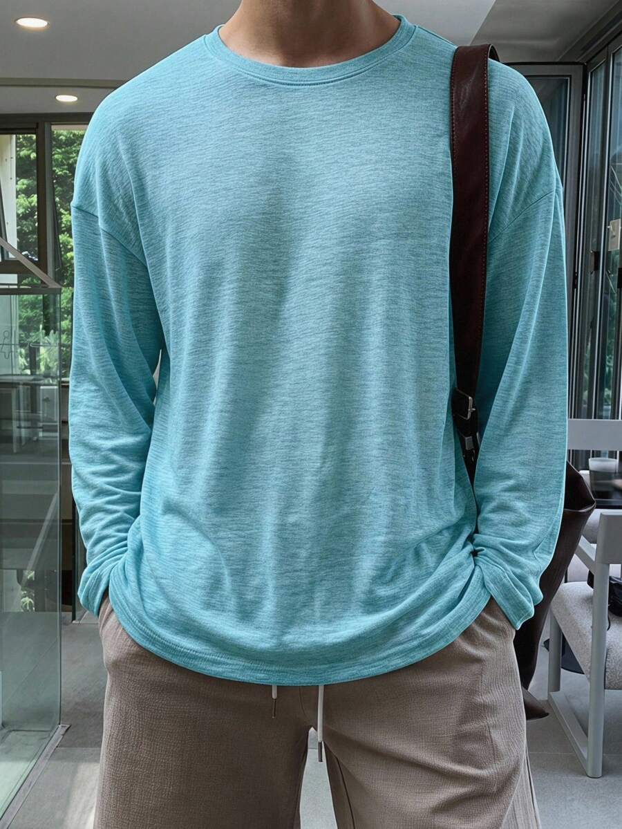 DAZY 圓領藍色長袖薄款男士T恤 - 藍色 - 查看 1