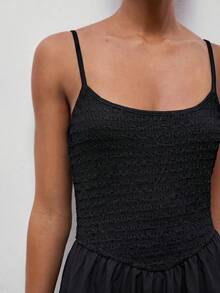 Maija Women's Solid Color Pleated Basic Maxi Strap Dress - Black - View 8