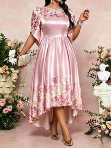 Fleurora Light Pink Summer Elegant Wedding Ninang Dress,Plus Size Round Neck Petal Sleeve Floral Satin Flared Ball Gown,Asymmetric Hem Cocktail Party Dresses - Pink - View 3