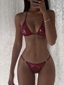 Swim SXY 女款夏季海灘亮片掛脖綁帶性感比基尼三角泳褲兩件式泳衣套裝 - 酒紅色 - 查看 3