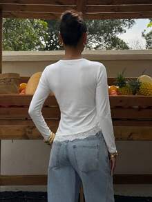 Muchica White Knit Women's Contrast Lace Round Neck Long Sleeve Top Everyday Autumn Elegant Casual Date - White - View 2