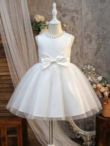 Glamorique Kids 四季女孩花童婚禮純白色洋裝，大蝴蝶結薄紗芭蕾裙，V領背 3D 花卉花童公主裙，生日派對禮服 - 白色 - 查看 3