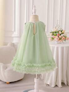 SHEIN Glamorique Kids 女嬰夏季綠色無袖碎花洋裝，甜美可愛風，優雅正式穿著，適合秋季 - 綠色 - 查看 3