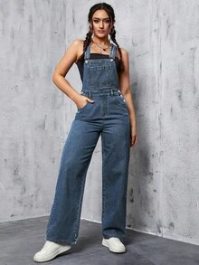 SHEIN EZwear 女式字母贴袋设计休闲阔腿牛仔连体裤 - 霧霾藍 - 查看 5