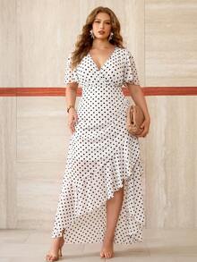 Roveilla Plus Size V-Neck Chiffon Floral Print Ruffle Sleeve Pleated Slit Ruffle Hem Flowy Elegant Vintage Vacation Party Midi Dress - White - View 5