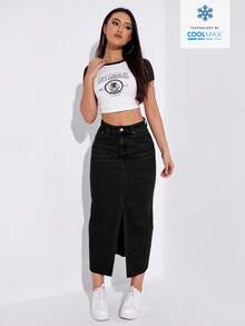 SHEIN ICON 休閒純色開衩下擺前開襟拉鍊牛仔裙 - 黑色 - 查看 5