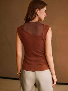 MOTF PREMIUM MESH PATCHWORK RIBBED KNIT TANK TOP - Coral Orange - View 2