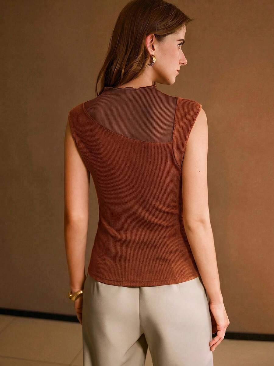 MOTF PREMIUM MESH PATCHWORK RIBBED KNIT TANK TOP - Coral Orange - View 2