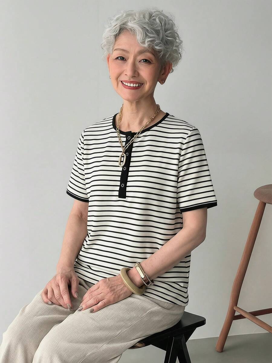 FRIFUL 女士圆领短袖休闲条纹T恤 夏季 - 黑與白 - 查看 1