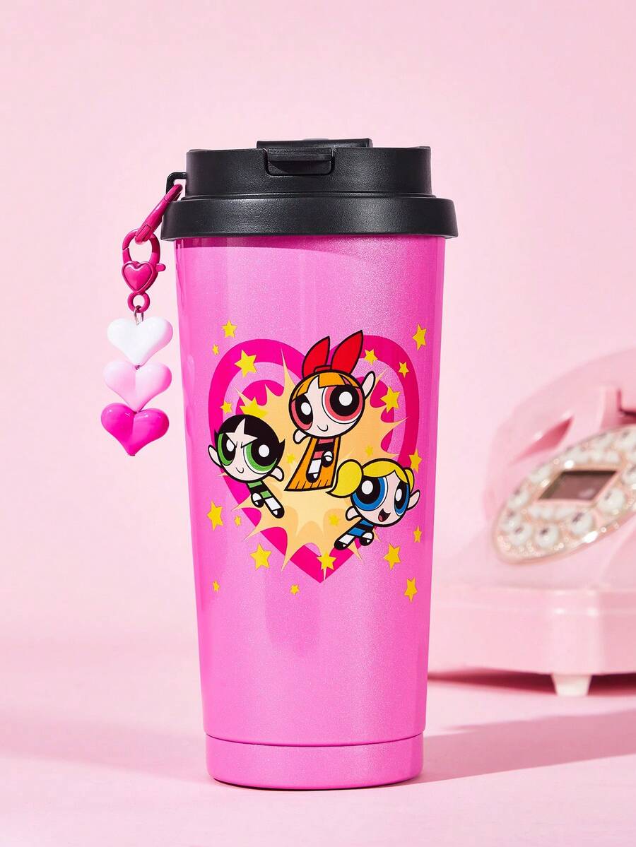THE POWERPUFF GIRLS X SHEIN 500ml /16 Oz 真空保溫不鏽鋼杯,1個防漏蓋,適用於熱飲/冷飲,適用於大多數杯架,禮物靈感,派對,節日,情人節 - 玫紅色 - 查看 1