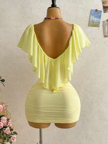 Soleia New Romantic V-Neck Ruffle Low Waist Ruched Slim Fit Bodycon Mini Skirt Women's 2-Piece Set For Beach, Cruise, Holiday, Date, Afternoon Tea, Vacation, Music Festival, Bohemian, Summer, All Season Wear - Light Yellow - View 2