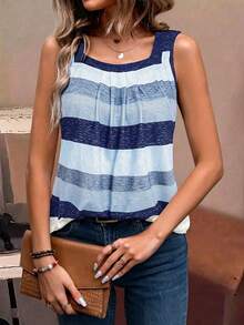 EMERY ROSE Holiday Casual Color Block Striped Tank Top Graphic Tees Women Tops - Blue - View 3
