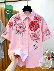 SHEIN Franclia Women's Summer Casual Loose Fit Short Sleeve Shirt With Beaded Floral Rhinestone Print, Positioned Cuffs And Turn-Down Collar, Pink, For Daily Commute, Travel, Vacation, Dating, Photography, Gathering, Dining, Camping, Birthday, Office Wear - Multicolor - View 2