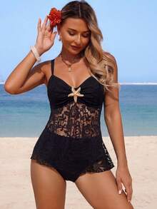 Swim Lushoire Women's Summer Holiday Beach Pool Party Vacation Outfit, Knitted Lace Thick Strap Crop Top Starfish Decor High Waist Triangle Tankini Set Black Sexy - Black - View 7