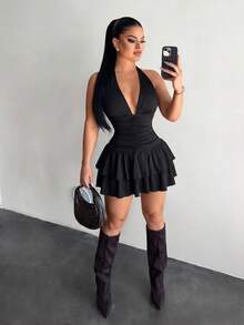 SHEIN SXY 女款素色掛脖百褶時尚約會派對迷你洋裝 - 黑色 - 查看 4