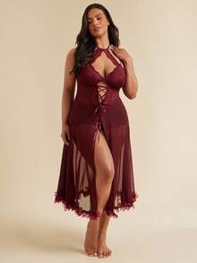 SHEIN BAE CURVE 加大码性感露背网眼睡袍，圆领，细肩带 - 紫紅色 - 查看 1