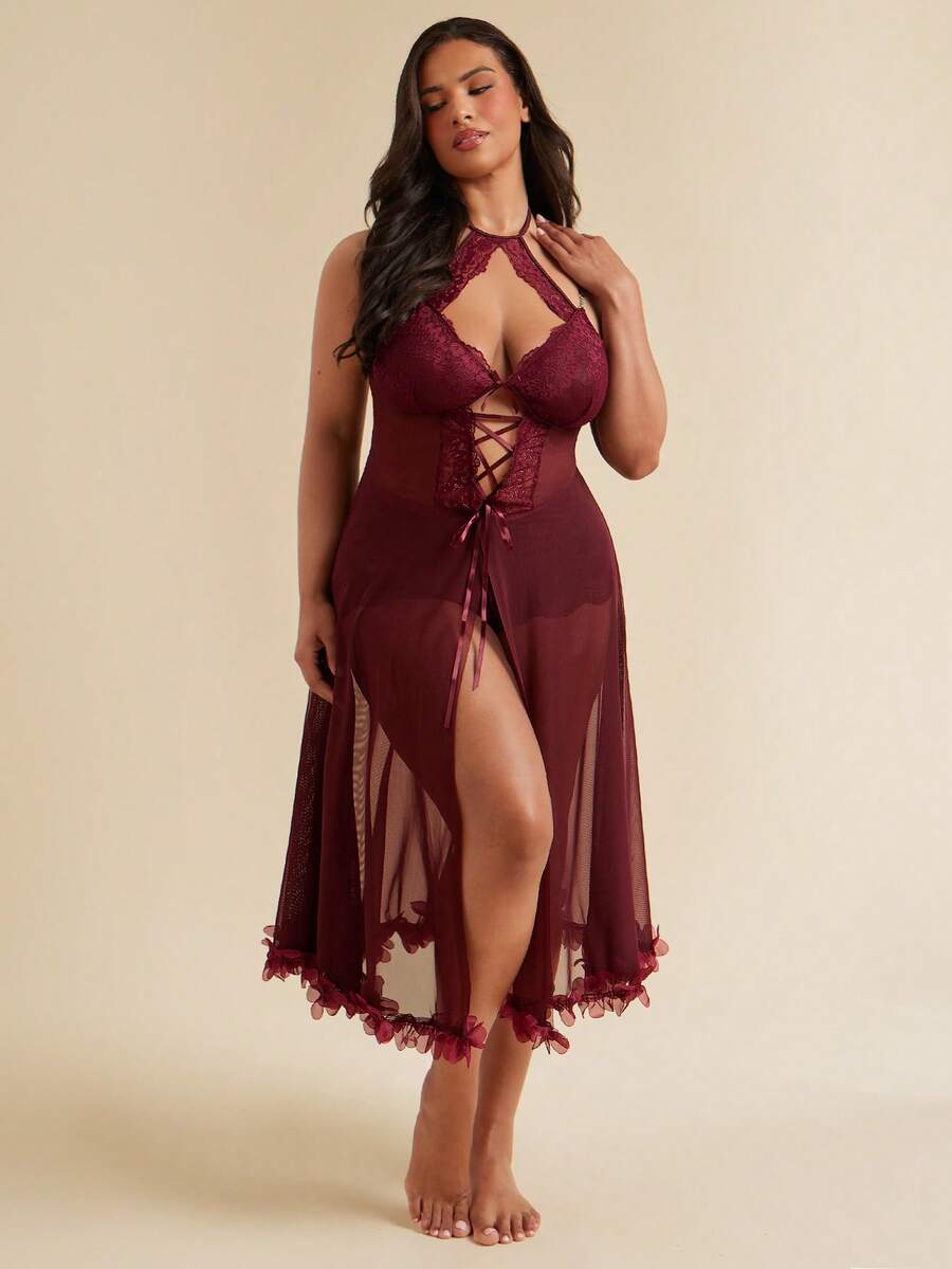 SHEIN BAE CURVE 加大码性感露背网眼睡袍,圆领,细肩带 - 紫紅色 - 查看 1